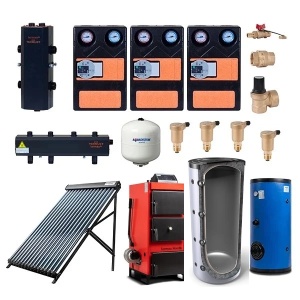 Pachet centrala/cazan Termax Nordik 46 kW echipata cu Puffer 1000 litri, Butelie de egalizare, Grupuri de pompare, Boiler stativ 200 litri, Colector solar 24 tuburi si accesorii