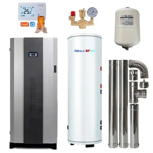 Pachet centrala cu peleti Termax Compact 30 kW, 200 mp, buncar peleti 90 kg, volum apa 70 litri, diametru cos fum ⌀80 mm, vas expansiune si pompa recirculare incluse, Boiler stativ cu serpentina marita 2 in 1 ACM & Buffer, Grup siguranta