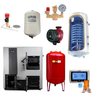 Pachet centrala mixta lemn/pelet Termax Combo 35 kW, volum manta apa 122 litri, trecere automata lemn/pelet, Vas expansiune 50 litri, Termostat inteligent KOPH CT 99, Boiler termoelectric Tesy 120 litri