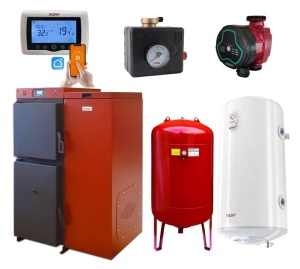 Pachet centrala mixta lemn/pelet Termax Tera 40 kW, 265 mp, buncar peleti 120 kg, volum manta apa 100 litri, diametru cos Ø120 mm, Termostat ambiental KOPH CT99, Pompa recirculare, Boiler termoelectric 100 litri, Grup siguranta