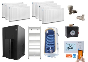 Pachet centrala peleti KOPH PM 35 KW, 230 mp, buncar peleti 80 kg, diametru cos fum ⌀100 mm, pompa recirculare si vas expansiune incorporate, Calorifere, Termostat inteligent KOPH, Robineti Tur/Retur