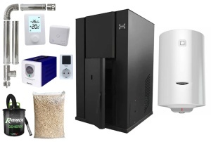 Pachet centrala termica cu peleti KOPH PM 40 kW, 250 mp, buncar peleti 100 kg, diametru cos fum ⌀100 mm, pompa recirculare si vas expansiune incorporate, Grup siguranta, Filtru Y si Boiler termoelectric Ariston 100 litri