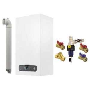 Pachet centrala termica pe gaz/GPL in condensare Ariston Cares S 24 kW, schimbator otel inox, incalzire si ACM, Kit evacuare inclus si kit de instalare cu filtru magnetic Tiemme 3/4"