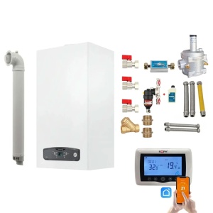 Pachet centrala termica pe gaz/GPL in condensare Ariston Cares S 24 kW, schimbator otel inox, incalzire si ACM, Kit evacuare inclus, Kit armaturi, Termostat inteligent KOPH CT99