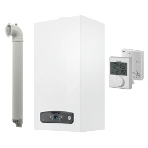 Pachet centrala termica pe gaz/GPL in condensare Ariston Cares S 24 kW, schimbator otel inox, incalzire si ACM, Kit evacuare inclus + Termostat Siemens RF