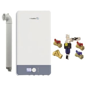 Pachet centrala termica pe gaz in condensare Fondital Antea Next KC 26 kW, Clasa A, Afisaj color si intuitiv, IPX5D, Incalzire + ACM, Kit de evacuare inclus si kit de instalare cu filtru magnetic Tiemme 3/4"