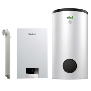 Pachet centrala termica pe gaz in condensare Vaillant ecoTEC plus VU 30CS/1-5, 29.9 kW, doar incalzire, Kit de evacuare inclus, Boiler indirect cu o serpentina Reflex Storatherm Aqua AF 200/1M C 200 litri