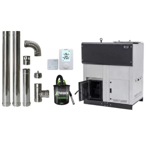 Pachet economic - Centrala cu peleti Termax ECO GRI 50 kW, 330 mp, buncar peleti 170 kg, volum apa 150 litri, diametru cos fum ⌀120 mm + Termostat ambiental KOPH 303RF + Aspirator cenusa 1000W + Cos fum inox de interior ⌀120 mm