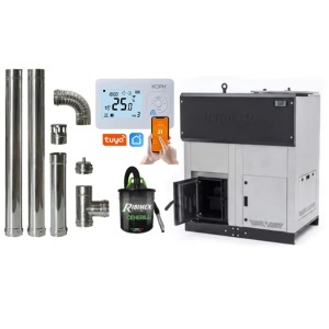 Pachet economic - Centrala cu peleti Termax ECO GRI 50 kW, 330 mp, buncar peleti 170 kg, volum apa 150 litri, diametru cos fum ⌀120 mm + Termostat inteligent + Aspirator cenusa 1000W + Cos fum inox de interior ⌀120 mm