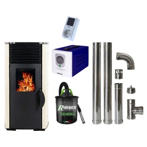Pachet economic - Soba pe peleti KOPH PD 10 kW, cu aer cald, buncar peleti 12 kg, 60 mp, Crem + Sursa KOPH + Aspirator cenusa + Cos fum inox de interior ⌀80 mm