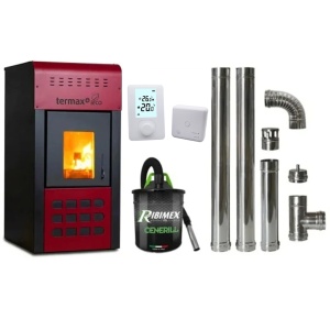 Pachet economic - Termosemineu pe peleti Termax Kamin ECO, 25 kW, 160 mp, buncar peleti 45 kg, diametru cos fum ⌀80 mm, vas expansiune si pompa recirculare incluse+ Termostat inteligent + Aspirator cenusa 1000W + Cos fum inox de interior ⌀80 mm