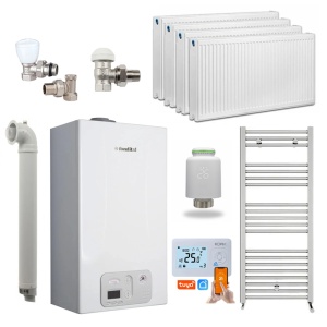 Pachet Economie si Eficienta - Centrala termica pe gaz/GPL in condensare Fondital Antea KC 24 kW, incalzire si ACM, Clasa A, Kit de evacuare inclus, calorifere, robineti tur/retur, cap termostatic Wi-Fi si termostat inteligent KOPH I302