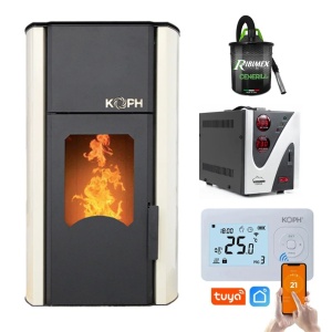 Pachet Smart Control - Termosemineu cu peleti KOPH PM 30 kW, 200 mp, diametru cos fum ⌀80 mm, pompa recirculare si vas expansiune incorporate, Crem + Termostat inteligent KOPH I302 WiFi + Aspirator cenusa 1000W + Stabilizator tensiune