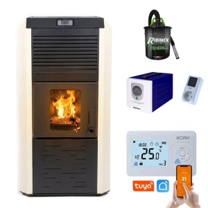 Pachet Smart Control - Termosemineu cu peleti Termax Kamin ECO, 30 kW, 220 mp, volum apa 49 litri, vas expansiune si pompa recirculare incluse + Termostat inteligent KOPH I302 WiFi + Aspirator cenusa 1000W + Sursa KOPH 500 W + Stecher