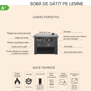 Pachet soba pe lemn Termax Popular, 7.12 kW, evacuare pe dreapta, cuptor integrat, randament 81.27%, 47 m², Negru, set accesorii, aspirator cenusa si suport lemne foc metalic Termax M - Img 7