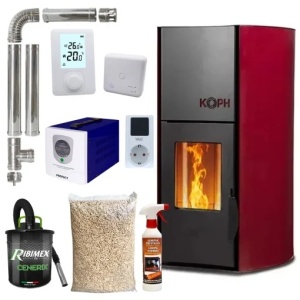 Pachet termosemineu cu peleti KOPH PM 18 kW, 120 mp, buncar 15 kg, diametru cos fum ⌀80 mm, pompa recirculare si vas expansiune incorporate, Sursa KOPH 700 W + Stecher Schuko cu protectie la joasa si inalta tensiune, Bordo