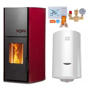 Pachet termosemineu cu peleti KOPH PM 18 kW, 120 mp, buncar 15 kg, diametru cos fum ⌀80 mm, pompa recirculare si vas expansiune incorporate, Boiler termoelectric Ariston 100 litri, Grup siguranta, Termostat inteligent