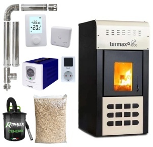 Pachet termosemineu cu peleti Termax Kamin ECO, 25 kW, 160 mp, buncar peleti 45 kg, volum apa 42 litri, diametru cos fum ⌀80 mm, vas expansiune si pompa recirculare incluse, Sursa KOPH 700 W + Stecher Schuko cu protectie la joasa si inalta tensiune, Crem