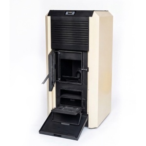 Pachet termosemineu cu peleti Termax Kamin ECO, 30 kW, 220 mp, buncar peleti 55 kg, volum apa 49 litri, diametru cos fum ⌀80 mm, vas expansiune si pompa recirculare incluse, Crem - Img 2