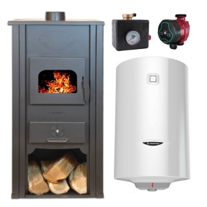 Pachet Termosemineu pe lemn Termax Thermis, 24.43 kW, randament 85.10%, 155 m², Rosu, Grup siguranta, Pompa recirculare si Boiler termoelectric Ariston 100 litri