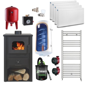 Pachet termosemineu pe lemn Termax Vulcan, 11.52 kW, randament 85.59%, 75 m², Antracit, Calorifere, Pompe Recirculare, Grup siguranta, Vas expansiune, Robineti tur/retur, Aspirator cenusa, Boiler termoelectric Tesy 80 litri