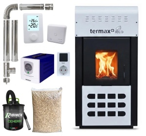 Pachet termosemineu pe peleti Termax Kamin ECO, 25 kW, 160 mp, buncar peleti 45 kg, volum apa 42 litri, diametru cos fum ⌀80 mm, vas expansiune si pompa recirculare incluse, Sursa KOPH 700 W + Stecher Schuko cu protectie la joasa si inalta tensiune, Alb