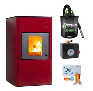 Pachet Termosemineu pe peleti Termax Kamin PM 15 kW, 120 mp, buncar peleti 30 kg, volum apa 30 litri, diametru cos fum ⌀80 mm, vas expansiune si pompa recirculare incluse, Termostat inteligent WIFI KOPH, Grup de siguranta, Aspirator cenusa