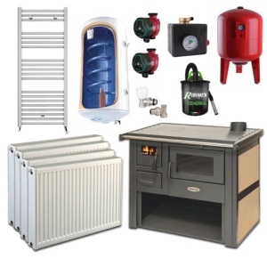 Pachet Termosoba pe lemn Termax Culina, 12.05 kW, evacuare pe dreapta, cuptor integrat, randament 85.29%, 80 m², Bej, Calorifere, Pompe Recirculare, Grup siguranta, Vas expansiune, Robineti tur/retur, Aspirator cenusa, Boiler termoelectric Tesy 80 litri