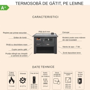 Pachet termosoba pe lemn Termax Voinic, 12.05 kW, evacuare pe dreapta, cuptor integrat, randament 85.29%, 80 m², Antraci, Calorifere, Pompe Recirculare, Grup siguranta, Vas expansiune, Robineti tur/retur, Aspirator cenusa si Boiler termoelectric Tesy 80 L - Img 8