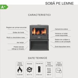 Soba pe lemn Termax Ilinca, 12.2 kW, randament 84.17%, 80 m², spatiu depozitare lemne, Negru - Img 6