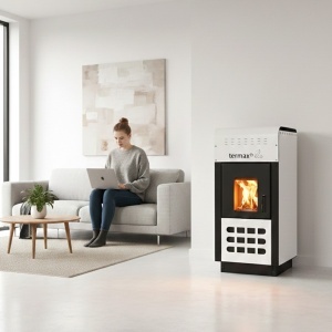 Termosemineu pe peleti Termax Kamin ECO, 25 kW, 160 mp, buncar peleti 45 kg, volum apa 42 litri, diametru cos fum ⌀80 mm, vas expansiune si pompa recirculare incluse, Alb - Img 3