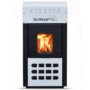 Termosemineu pe peleti Termax Kamin ECO, 25 kW, 160 mp, buncar peleti 45 kg, volum apa 42 litri, diametru cos fum ⌀80 mm, vas expansiune si pompa recirculare incluse, Alb