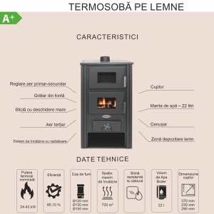 Termosoba pe lemn Termax Zorile, 24.43 kW, cuptor integrat, randament 85.10%, 155 m², Rosu - Img 9