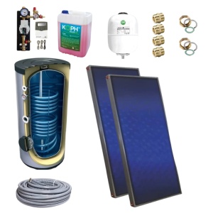 Pachet 2 panouri solare plan KOPH cu absorbant din aluminiu, 2 mp² + Boiler stativ TESY EV 7/5 S2, 200 l, 2 serpentine + Accesorii montaj