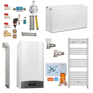 Pachet apartament cu 1 camera, centrala termica pe gaz in condensare Ariston Clas One WIFI 24 kW, Calorifere, Termostat Inteligent, Set robineti calorifere, Kit evacuare inclus si Kit complet armaturi montaj