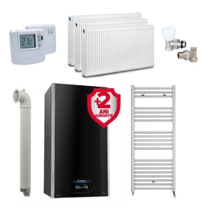 Pachet apartament cu 2 camere, centrala Ariston ALTEAS ONE+ NET, 24 kW, Wi-fi, Clasa A+, Kit de evacuare inclus + Termostat ambient fara fir Honeywell DT92A + 2 ani extragarantie, Calorifere, Set robineti tur/retur