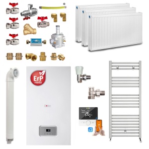 Pachet apartament cu 2 camere, centrala termica pe gaz in condensare Saunier Duval Semia 25-A, 19,1 kW, Calorifere, Termostat inteligent, Set robineti tur/retur, Kit evacuare inclus si Kit complet armaturi montaj