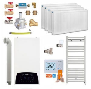 Pachet apartament cu 3 camere, centrala termica pe gaz in condensare 25 kW, Motan Condens Plus 100 25 C38GC25V1XP4, +2 ani Extra Garantie, Calorifere, Termostat Wireless, Set robineti tur/retur, Kit evacuare inclus si Kit complet armaturi montaj