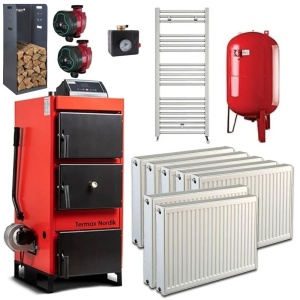 Pachet cazan pe lemn/carbune Termax Nordik 29 kW cu ventilator si automatizare, Calorifere, Vas Expansiune, Grup Siguranta, Pompe Recirculare, Cutie depozitare lemn