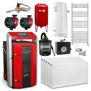 Pachet cazan pe lemne cu gazeificare ATTACK DPX, 25 kW, volum manta apa 100 litri, grosime camera ardere 6 mm, randament 91%, lungime maxima bustean 55 cm, cos evacuare Ø150 mm, Vas expaniune, Pompe recirculare, Grup siguranta, Calorifere, Robineti