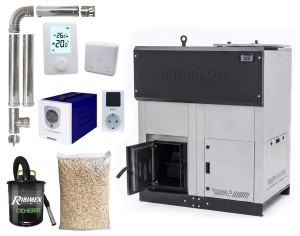 Pachet centrala cu peleti Termax ECO GRI 35 kW, 220 mp, buncar peleti 130 kg, volum apa 95 litri, diametru cos fum ⌀130 mm, Sursa KOPH 700 W + Stecher Schuko cu protectie la joasa si inalta tensiune