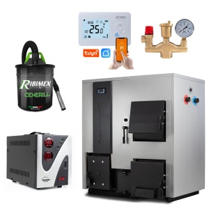 Pachet centrala mixta lemn/pelet Termax Combo 35 kW, volum manta apa 122 litri, trecere automata lemn/pelet, Grup siguranta, Stabilizator tensiune, Termostat inteligent KOPH I302 si Aspirator cenusa 1000 W