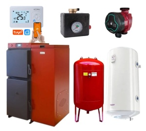 Pachet centrala mixta lemn/pelet Termax Tera 40 kW, 265 mp, buncar peleti 120 kg, volum manta apa 100 litri, diametru cos Ø120 mm, Termostat ambiental KOPH WIFI, Pompa recirculare, Boiler termoelectric 100 litri, Grup siguranta