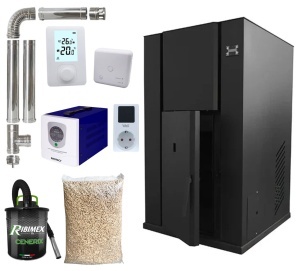 Pachet centrala termica cu peleti KOPH PM 40 kW, 250 mp, buncar peleti 100 kg, diametru cos fum ⌀100 mm, pompa recirculare si vas expansiune incorporate, Sursa KOPH 700 W + Stecher Schuko cu protectie la joasa si inalta tensiune