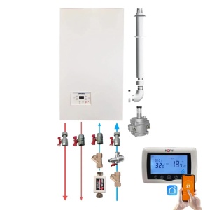 Pachet centrala termica pe gaz conventionala Arca Pixel 25F, 24 kW conventionala, tiraj fortat, incalzire si ACM + Kit armaturi + Kit de evacuare inclus