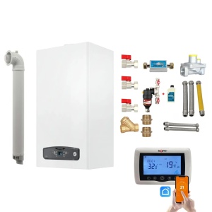 Pachet centrala termica pe gaz/GPL in condensare Ariston Cares S 24 kW, schimbator otel inox, incalzire si ACM, Kit evacuare inclus, Kit armaturi, Termostat inteligent KOPH CT99 - Img 1