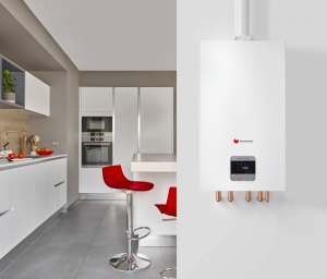 Centrala termica in condensare Saunier Duval ThemaFast Condens 31 kW, gaz/GPL, debit 14.8 l/min, protectie IPX4D, kit evacuare inclus