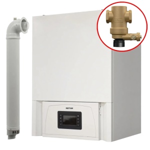 Pachet Centrala termica pe gaz in condensare Motan Condens 100 70 CH2 C38GC70V1, 70 kW, doar incalzire, Kit de evacuare inclus + Filtru antimagnetita si anti-namol, Reflex Exdirt D 1 1/4" M