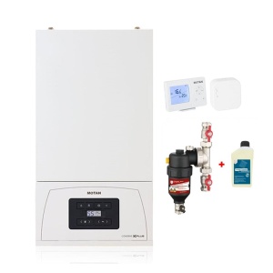 Pachet centrala termica pe gaz in condensare Motan Condens KPlus C38GC20V1, 20 kW, incalzire si ACM, Termostat wireless SENNA 270 RF si Filtru magnetic Cleanex Mag 1 - 3/4" 22 mm, anti-magnetita + Solutie Cleanex Allround
