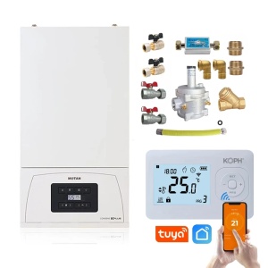 Pachet centrala termica pe gaz in condensare Motan Condens KPlus C38GC20V1, 20 kW, incalzire si ACM + Termostat wireless si Kit complet armaturi montaj